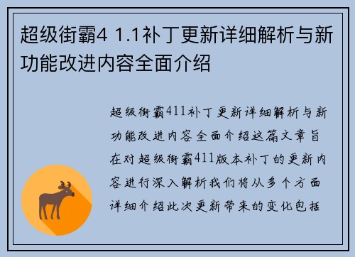 超级街霸4 1.1补丁更新详细解析与新功能改进内容全面介绍
